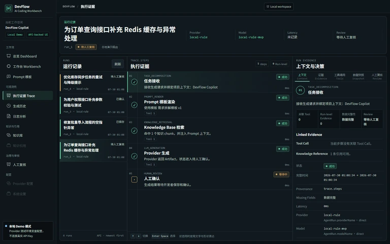 DevFlow Copilot Agent Run Trace Evidence 页面