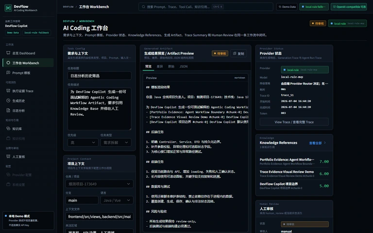DevFlow Copilot AI Coding Workbench 真实运行页面